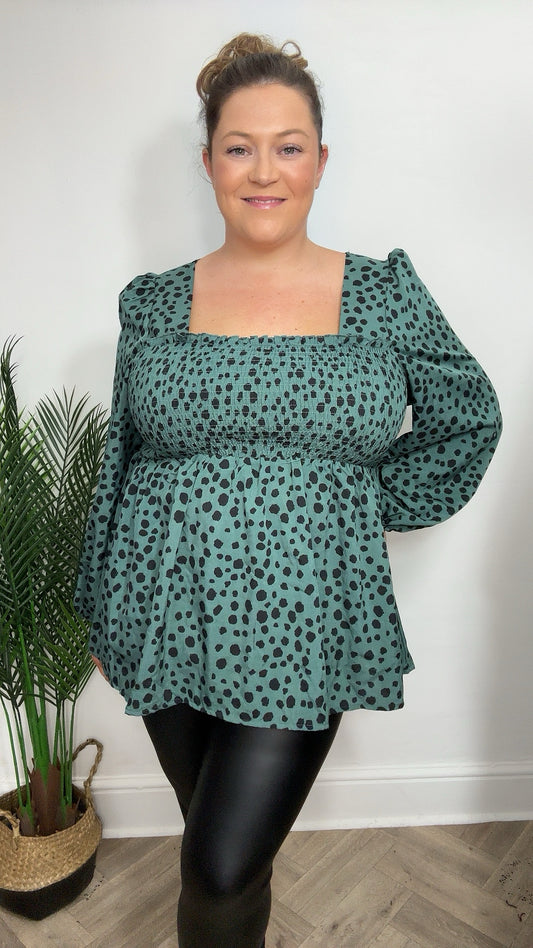 Green Dalmatian Shirred Blouse